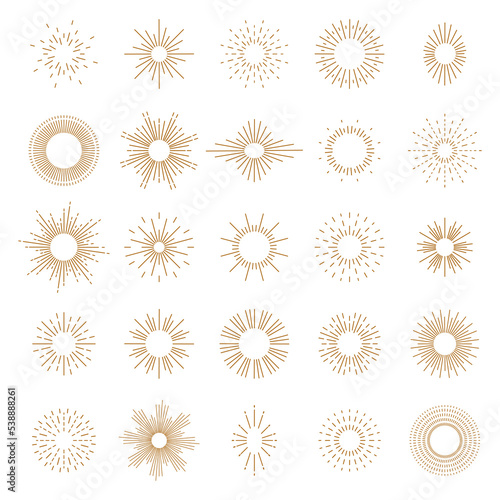 Set of sun, sunburst, light rays in line art. Bohemian symbol bursting sun rays. Magic talisman