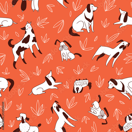 Seamless pattern with different breeds of dog. Vector funny animal repeated design. Pet background in hand-drawn style.  photo