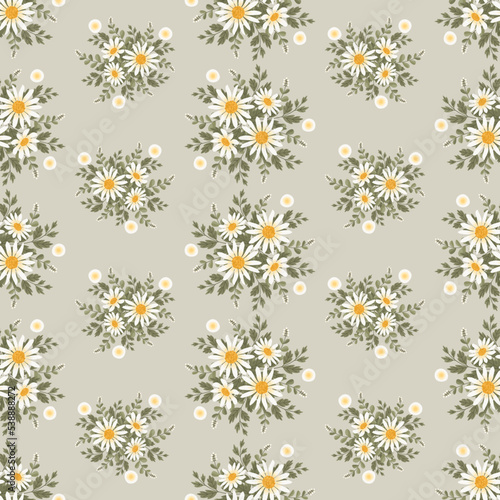 Floral vector artwork for apparel and fashion fabrics, White daisy flowers wreath ivy style with branch and leaves. Seamless pattern background.