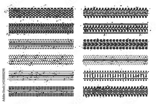 Automobile tire marks set. Car and motorcycle tire track. Truck tread mark on road concept wheel