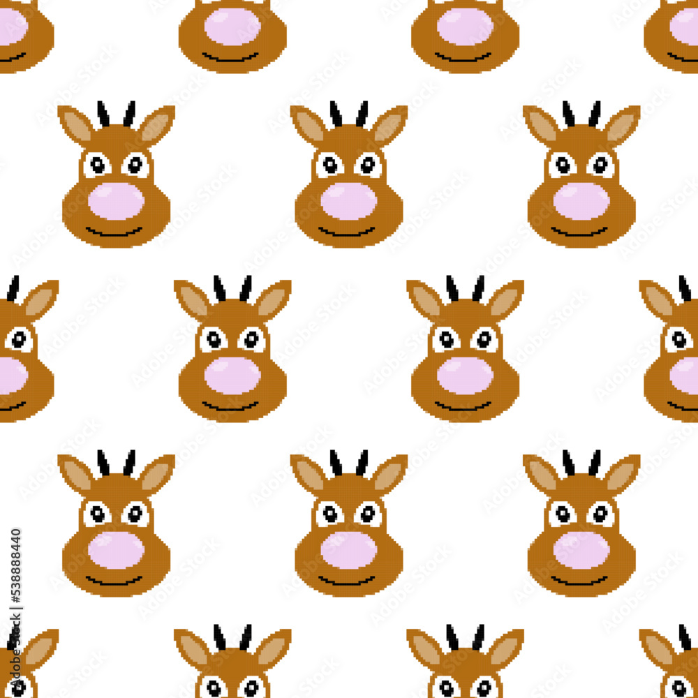 Seamless pattern with reindeer. Cartoon deer head in pixel art style. 8 bit Santa's Reindeer. Christmas magic animal. Retro design for fabric, wallpaper, wrapping paper, packing. Vector illustration Seamless pattern with reindeer. Cartoon deer head in pixel art style. 8 bit Santa's Reindeer. Christmas magic animal. Retro design for fabric, wallpaper, wrapping paper, packing. Vector illustration