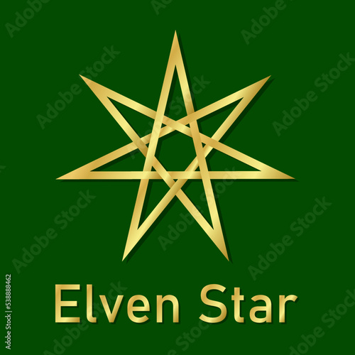 Elven star icon. Magician star symbol in gradient gold color. Star seven pointed isolated on green background. Heptagram symbol. Pagan template for poster, banner, postcard. Vector illustration
