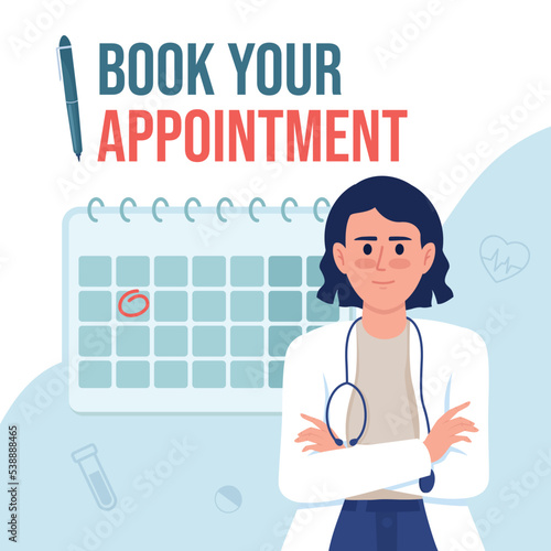 Book doctor appointment card template. Schedule hospital visit. Editable social media post design. Flat vector color illustration for poster, web banner, ecard. Bebas Neue Regular font used