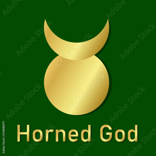 Horned God icon. Horned taurus sign in gradient gold color. Horned God sign isolated on green background. Occult Symbol of Sun and Moon. Pagan template for poster, banner, website.Vector illustration