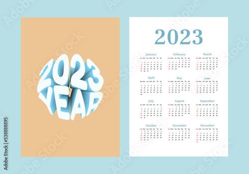 Simple calendar 2023. Vertical one sheet with all monthes and cover. Week start on Sunday. A4 A3 A2 A5. Vector design in retro style photo