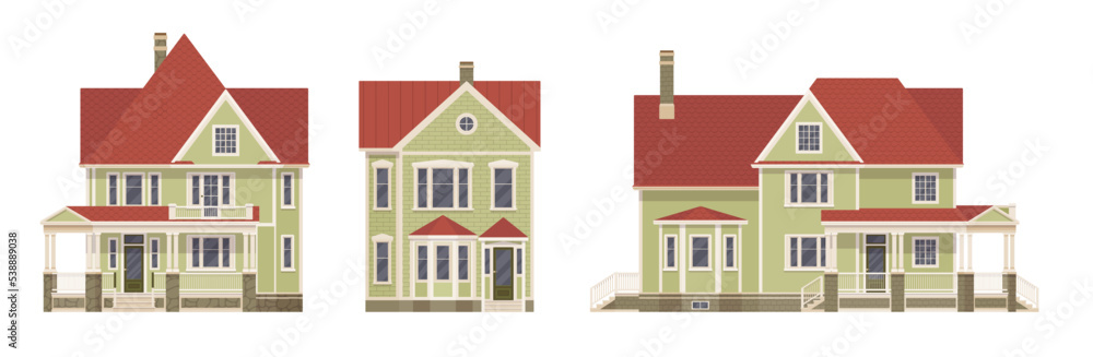 Beautiful light green house cartoon set. Mansion erker element, housing industry, neighborhood residence, home hunting, new building purchase, renting, owning residence. Vector flat style illustration