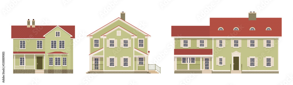 Two story contemporary house cartoon set. Expensive building, urban design amazing exterior with balconies, luxury details, residential, commercial, real estate market. Vector flat style illustration