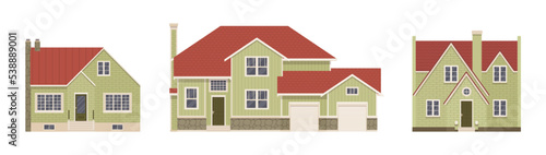 Light green home exterior, facade cartoon set. Buying dream house with garage, building decor for designers, architects, builders, homebuyer architectural inspiration. Vector flat style illustration