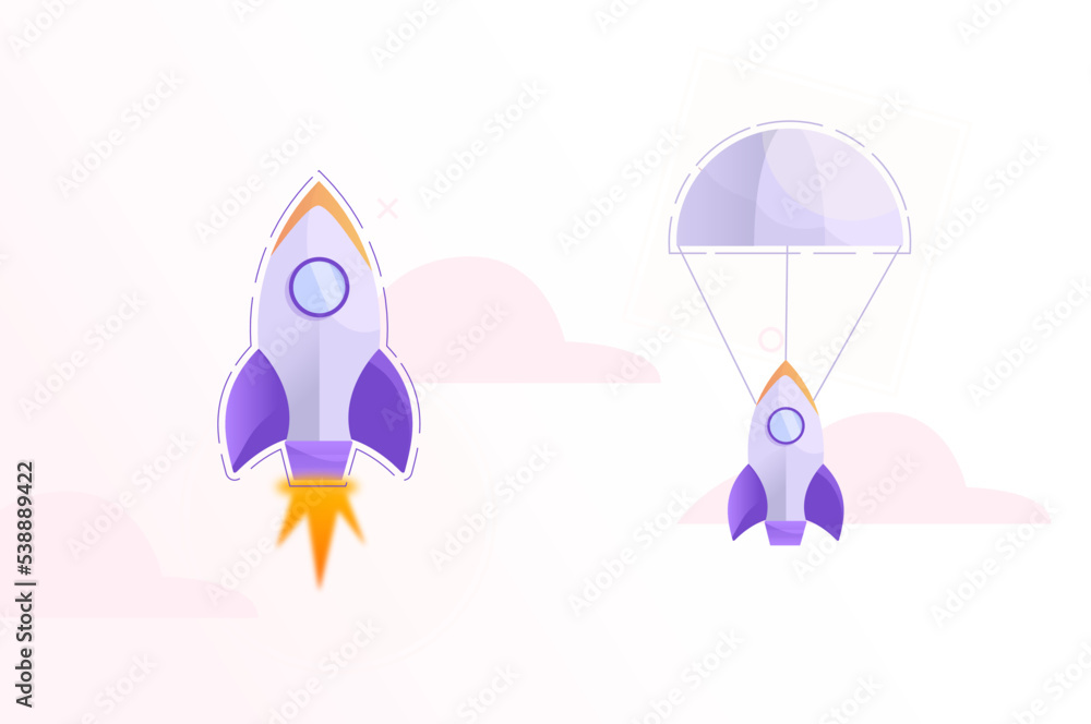 Rising rocket and falling with parachute , illustrated with Modern vector style Rising rocket and falling with parachute , illustrated with Modern vector style
