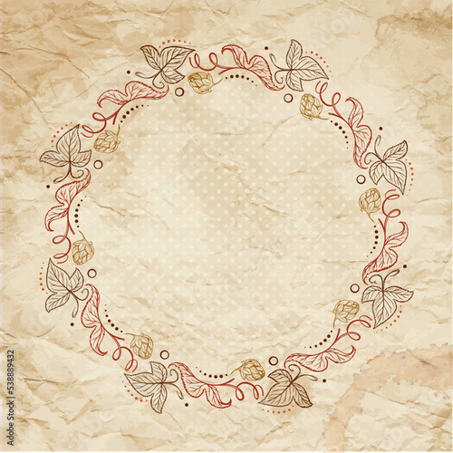 Beer hops leaves and cones frame on a grunge paper background. Vintage style vector botanical illustration.