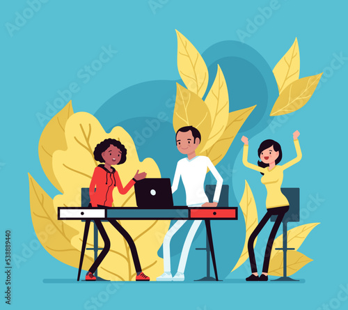 Active startup business group, young businesspeople. Dynamic team, creative and effective zone, employees health and happiness, well-being in workplace. Vector creative vibrant botanical illustration