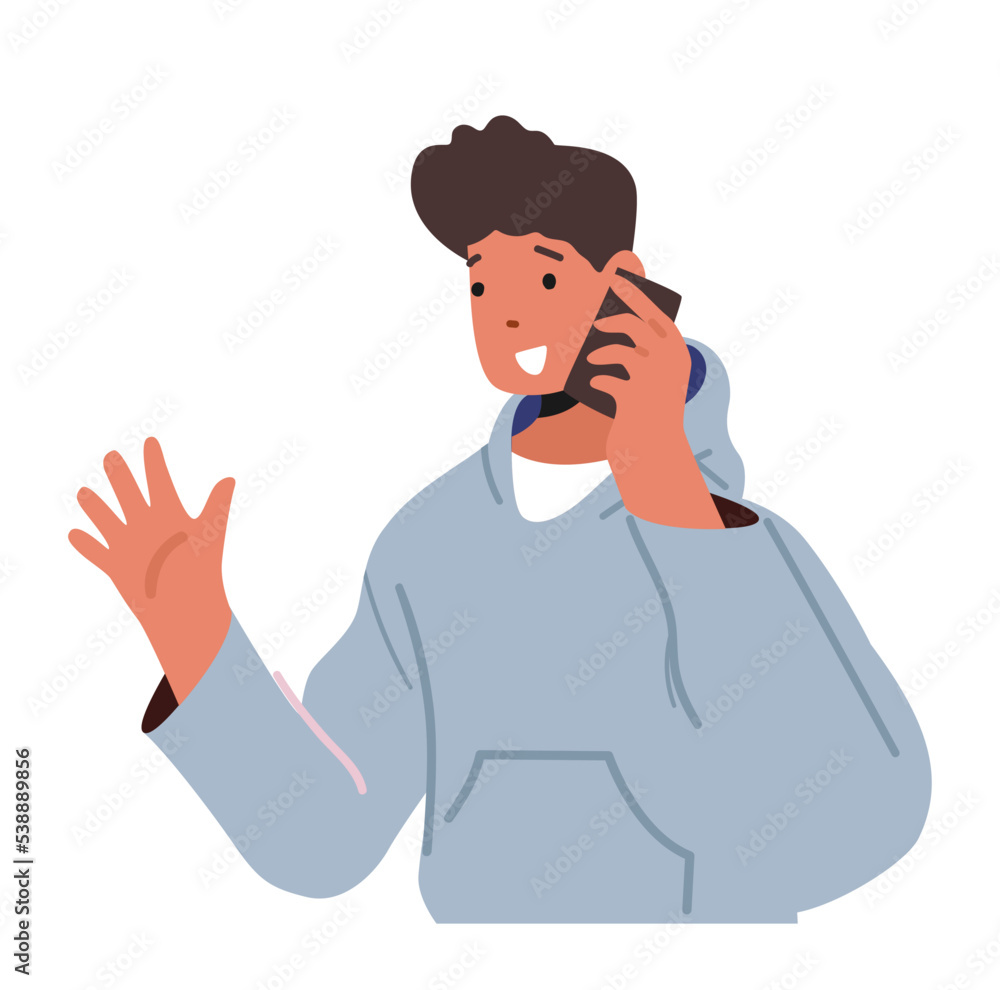 Mobile Connection, Communication Concept. Cheerful Teenager Student Male Character Talking With Friend Using Smartphone