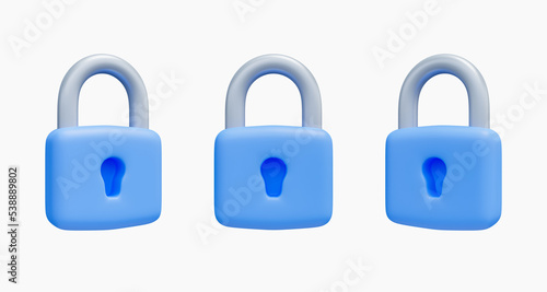 3D render blue closed lock minimal style icon set. Safety, security, and protection concept.