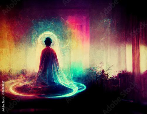 Aura spirit esoteric art. Mysterious dark retro background digital illustration