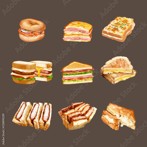Set of watercolor savory toast sandwich watercolor vector illustration