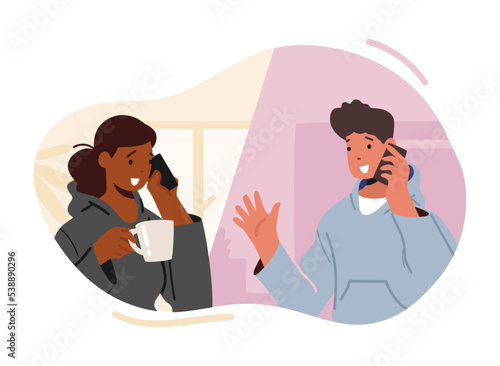 Teenager Chatting And Speaking By Phones. Gadgets Communication Concept. Young Girl And Boy Speaking By Smartphones