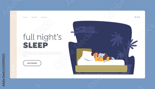 Baby Full Night Sleep Landing Page Template. Child Night Relaxation. Kid Sleeping on Bed with Pillow between Legs