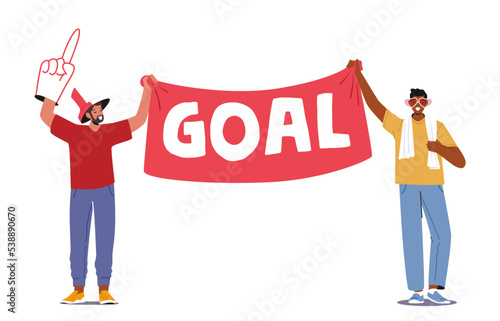 Football Fans Wear T-shirts, Gloves, Scarf Holding Banner Cheering for Goal. Supporters Cheer Watching Match at Stadium