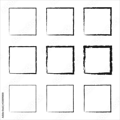 Collection of square black hand drawn grunge frames. black square shape borders. Set of design elements. Vector black painted squares. Vector illustration