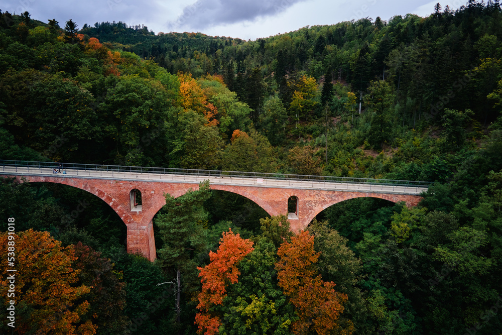 Railway viaduct in Srebrna gora at autumn season. Poland landmark for tourists. Beautiful nature landscape Railway viaduct in Srebrna gora at autumn season. Poland landmark for tourists. Beautiful nature landscape