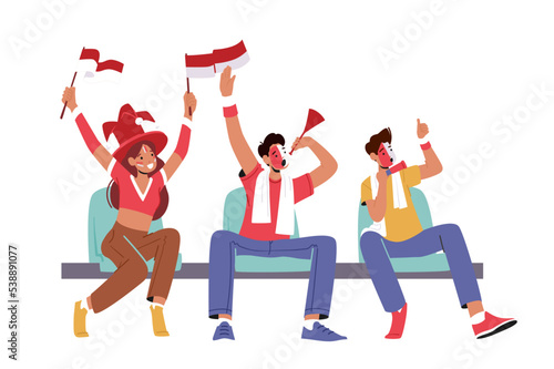 Cheerful Fans Male Female Characters Wearing Sports Club Uniform Sitting on Tribunes Cheering for Favorite Sport Team