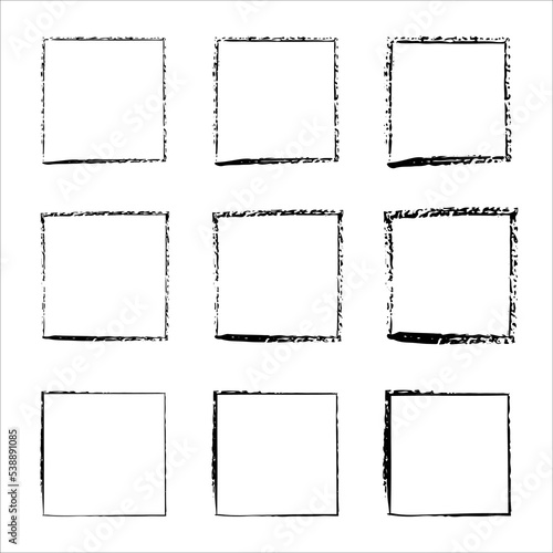 Collection of square black hand drawn grunge frames. Grunge ink illustration. rectangular shapes. Grungy old texture. Dirty grunge design frames