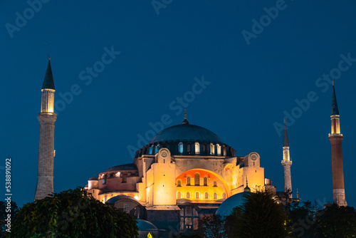Hagia Sophia at night. Istanbul background photo. Noise included