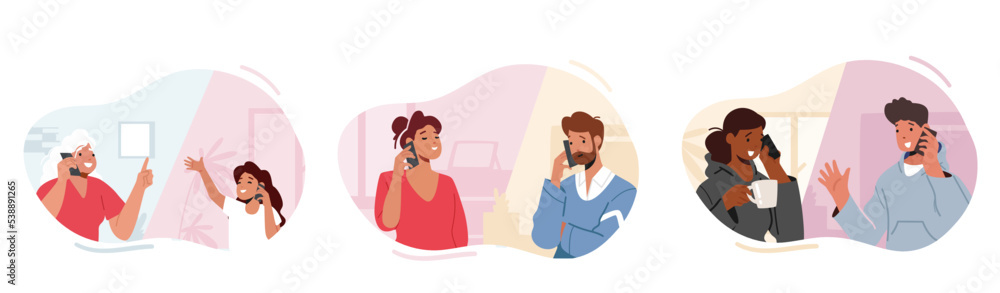 People Communicate By Mobile Phone. Granny And Little Granddaughter, Adult Couple And Teenagers Characters Speaking People Communicate By Mobile Phone. Granny And Little Granddaughter, Adult Couple And Teenagers Characters Speaking