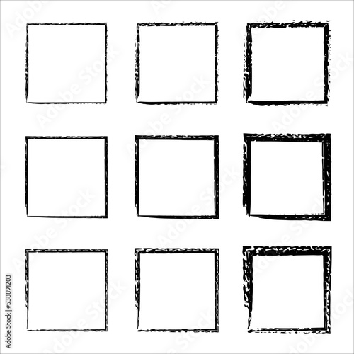 Collection of square black hand drawn grunge frames. borders set. Set of design elements. Grungy old texture. Dirty grunge design frames