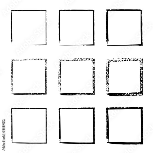 Collection of square black hand drawn grunge frames. Vector black painted squares. Grunge style set of square shapes. Grungy old texture. Dirty grunge design frames