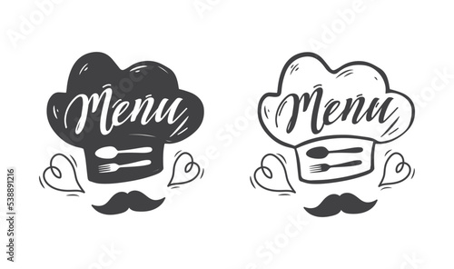 Restaurant menu design with chef's hat and moustache.
