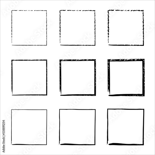 Collection of square black hand drawn grunge frames. Grunge ink illustration. Set of design elements. decorative design elements. Hand drawn brush strokes