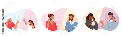 People Communicate By Mobile Phone. Granny And Little Granddaughter, Adult Couple And Teenagers Characters Speaking