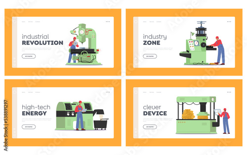 Machine Factory Industrial Manufacture Landing Page Template Set. Construction Industry Engineering Equipment