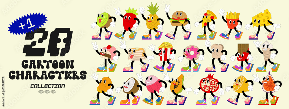 Big set fruit retro cartoon stickers with funny comic characters , gloved hands. Modern illustration with cute comics characters. Hand drawn doodles of comic characters. Set in modern cartoon style