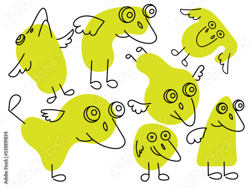 Set of abstract birds hand drawn from green spots. Vector flat illustration.