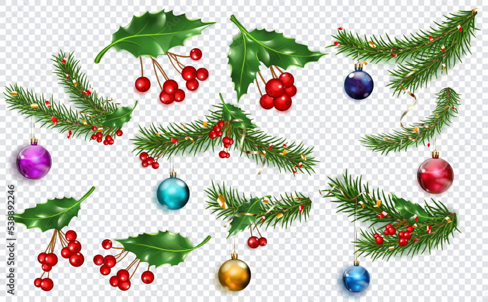 Set of Christmas decoration: New Year pine branches, colored balls, holly leaves and red berries, isolated on transparent background Set of Christmas decoration: New Year pine branches, colored balls, holly leaves and red berries, isolated on transparent background