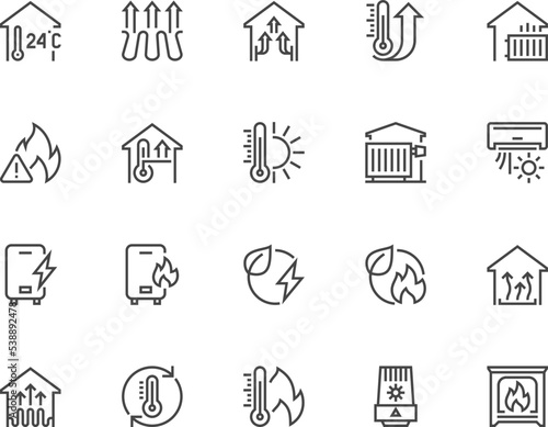House Heating. Heat Supply. Heating Boiler, Water Heater, Gas and Electric Heating. Vector Line Icons Set. Editable Stroke. 48x48 Pixel Perfect. © kuroksta
