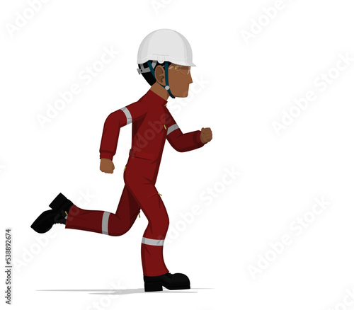 An industrial worker is running on white background