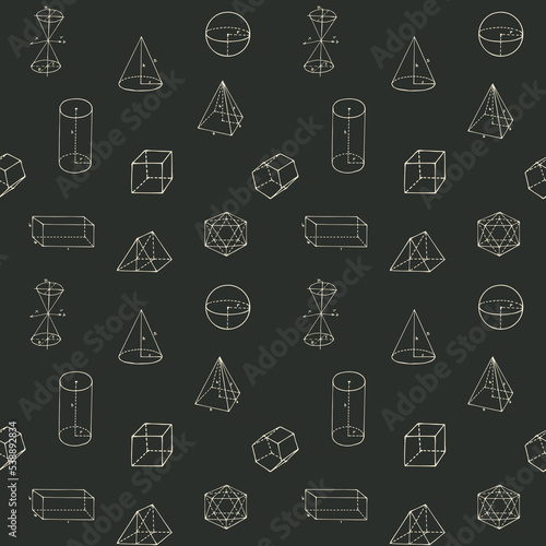 Hand-drawn seamless pattern with geometrical figures. Black and white vector background with mathematical sketches. Wallpaper, wrapping paper or fabric design. Drawing chalk on the school blackboard