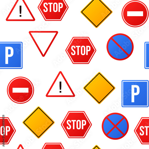 Vector illustration of road signs isolated on white background. Traffic signs seamless pattern.