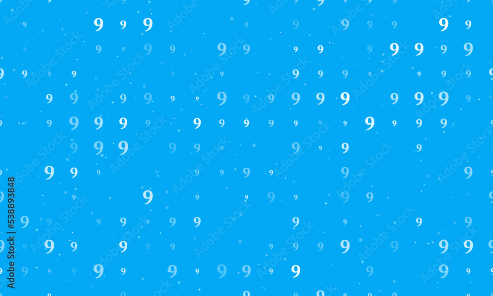 Seamless background pattern of evenly spaced white number nine symbols of different sizes and opacity. Vector illustration on light blue background with stars