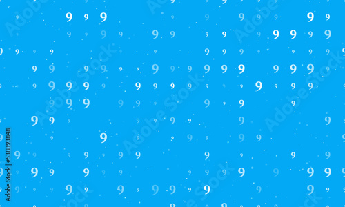 Seamless background pattern of evenly spaced white number nine symbols of different sizes and opacity. Vector illustration on light blue background with stars