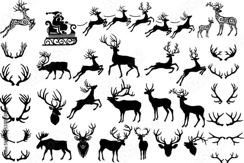 Silhouettes of deer  deer antlers and Santa Claus Sleigh Cart