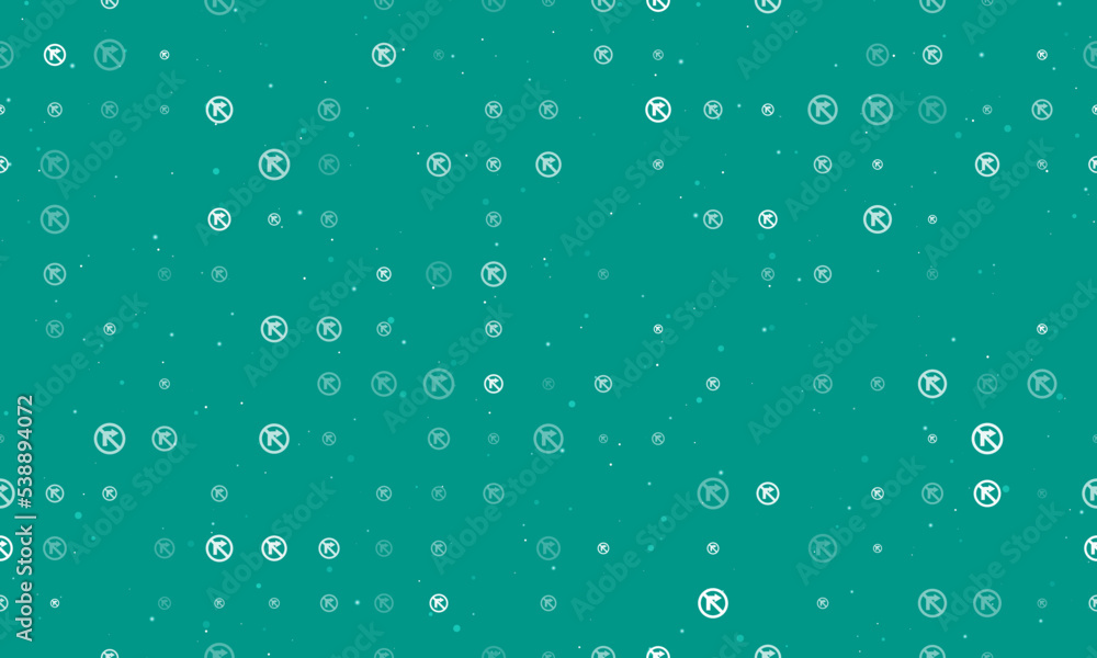 Seamless background pattern of evenly spaced white no right turn signs of different sizes and opacity. Vector illustration on teal background with stars Seamless background pattern of evenly spaced white no right turn signs of different sizes and opacity. Vector illustration on teal background with stars