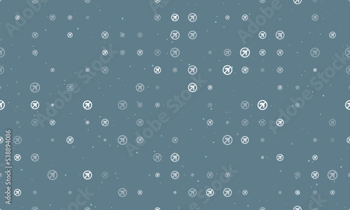 Seamless background pattern of evenly spaced white no left turn signs of different sizes and opacity. Vector illustration on blue gray background with stars
