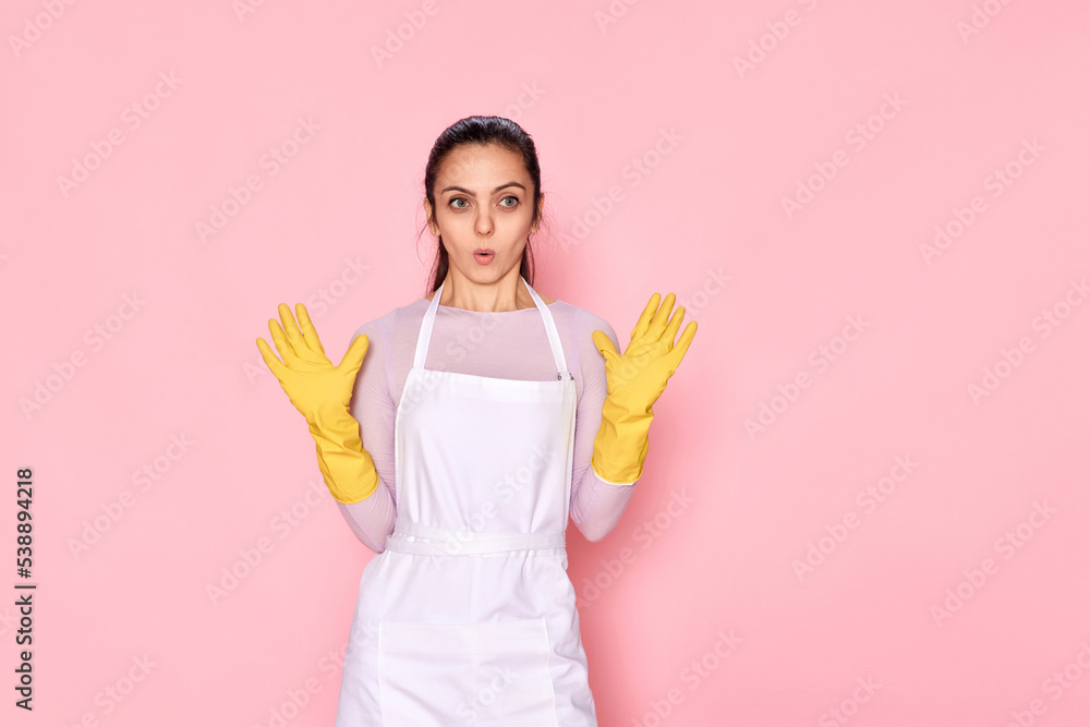 woman in rubber gloves and cleaner apron woman in rubber gloves and cleaner apron