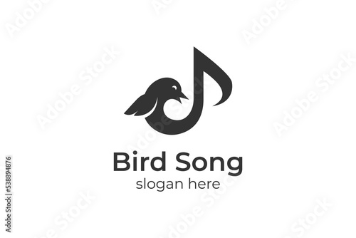 singing bird silhouette logo design with canary. Music Notes for Song Vocal symbol or Nature Bird Voice logo design illustration