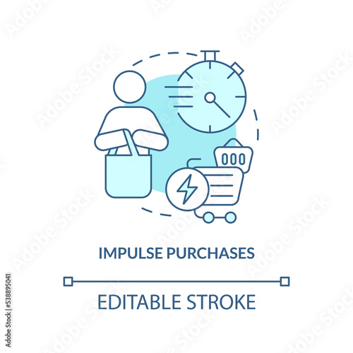 Impulse purchase turquoise concept icon. Buying behaviour. Unplanned shopping abstract idea thin line illustration. Isolated outline drawing. Editable stroke. Arial, Myriad Pro-Bold fonts used