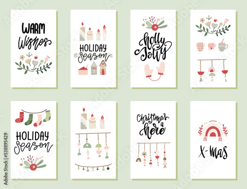 Set of Christmas gift tags with lettering and decor elements. Vector illustration.